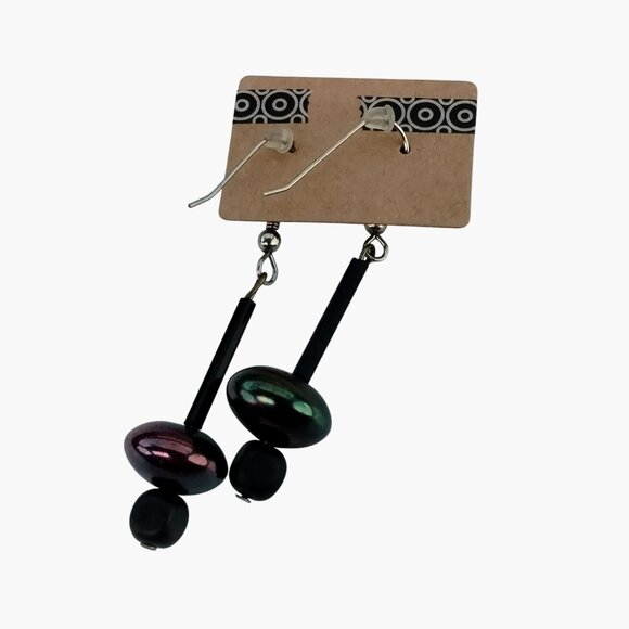 Iridescent Black Dangle Earrings Silver Hooks - Picture 4 of 4